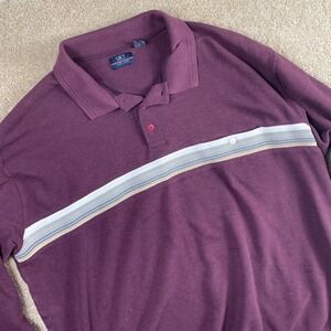 Vintage 90s SRT Easy Care Men's Polo Shirt Long Sleeve Burgundy Striped Knit Top